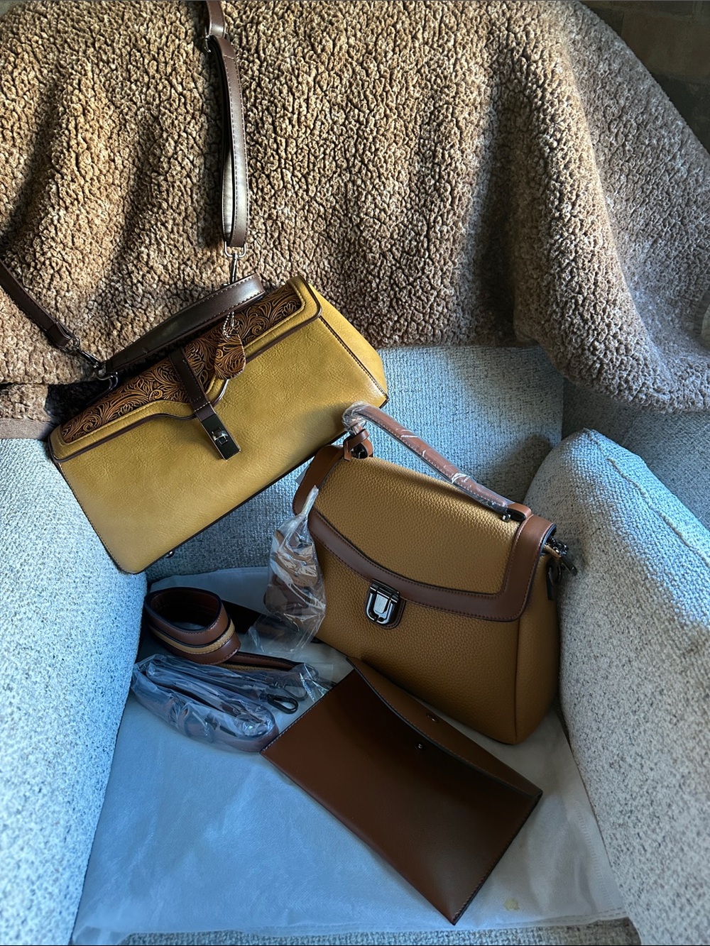 Crossbody / Shoulder Bag in Mustard Brown two bags